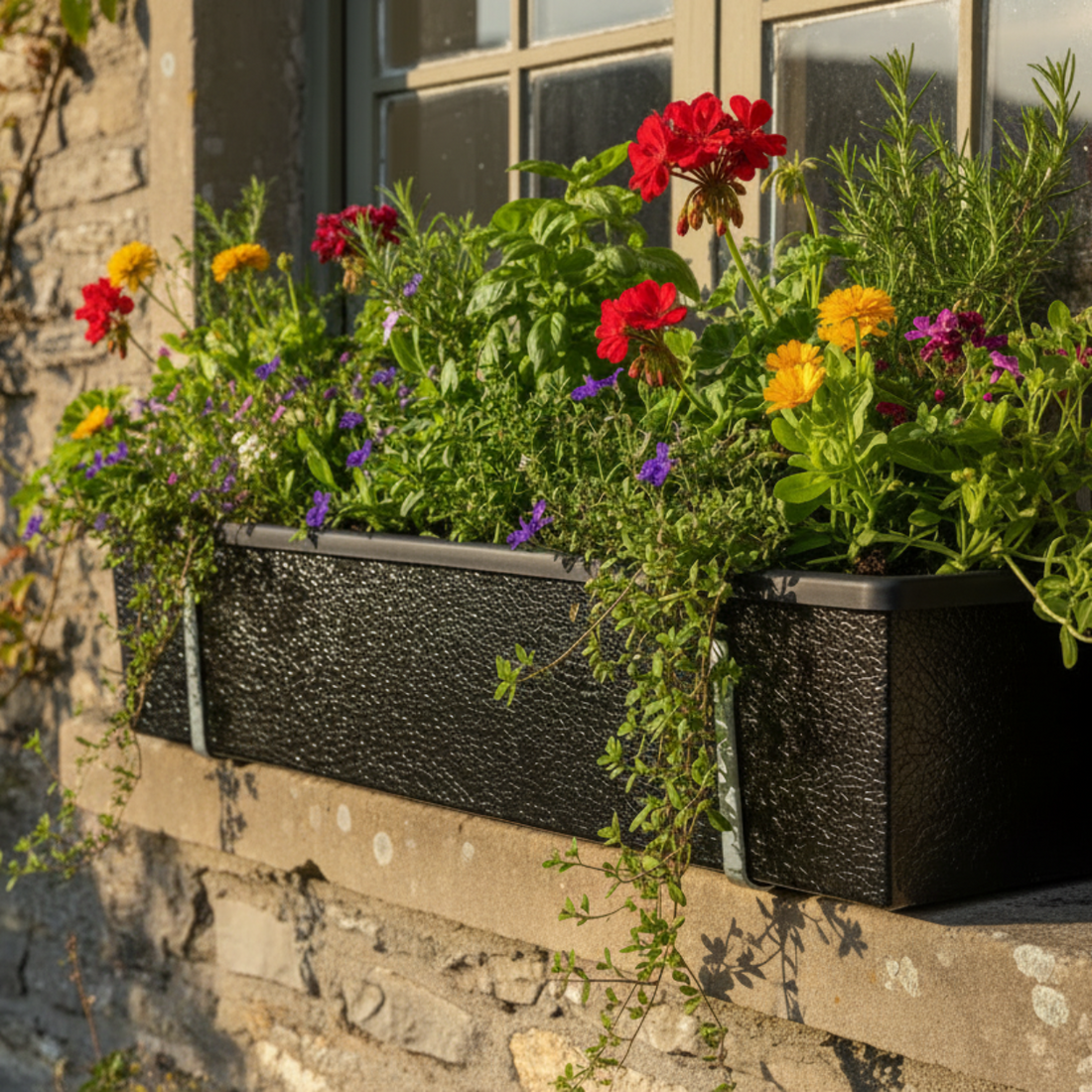 Black metal window box planted with geraniums, herbs, lobelia and trailing plants on a stone sill