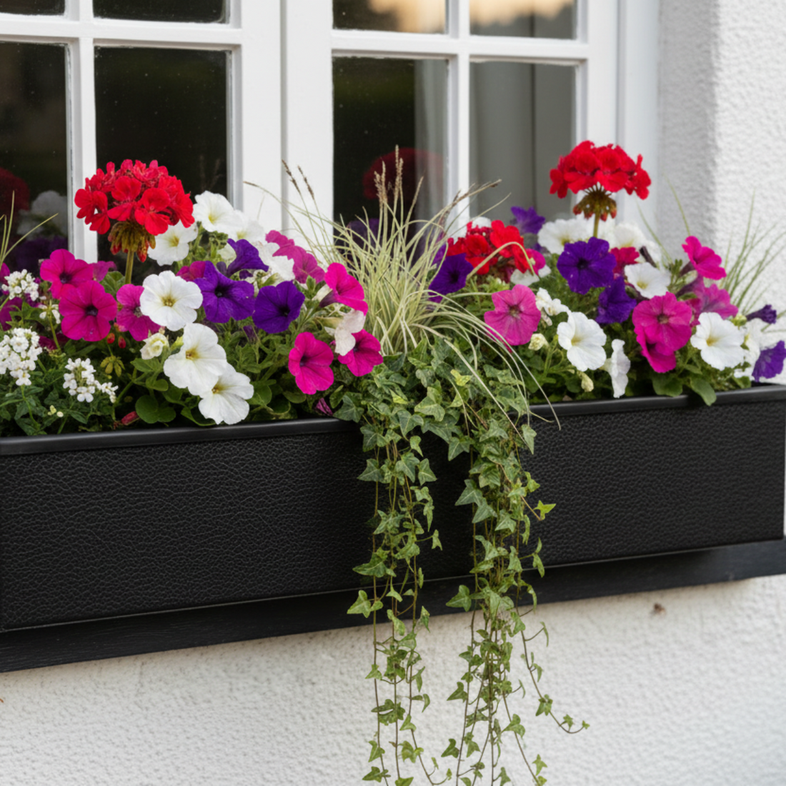 Slimline black metal window box with leathergrain finish on a windowsill