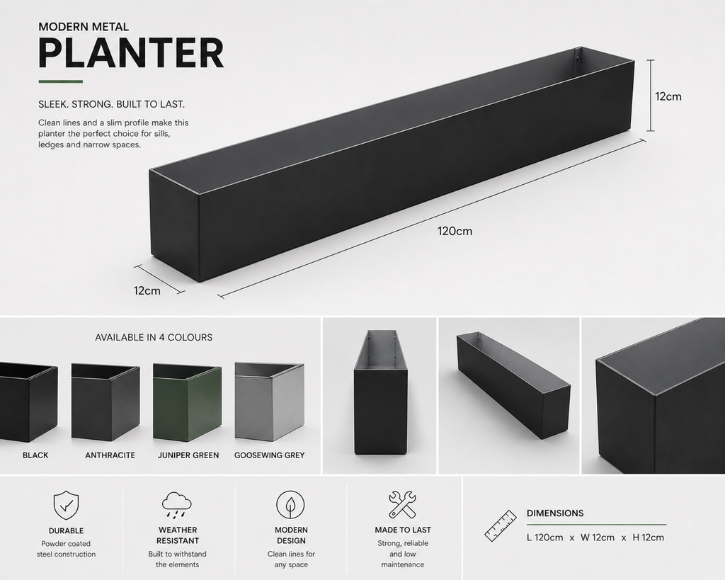 Modern metal planter with dimensions and color options on a white background