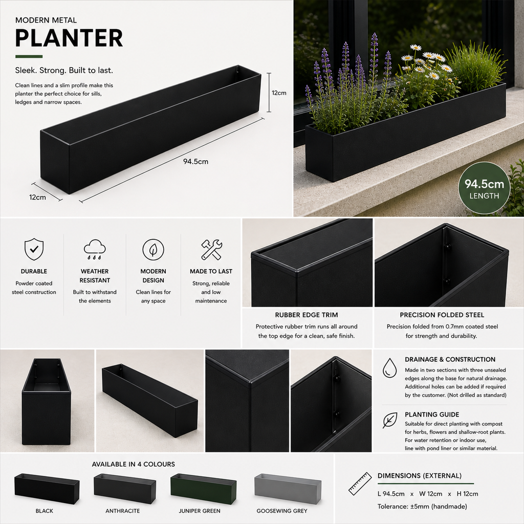 Black modern metal planter with specifications and features displayed.