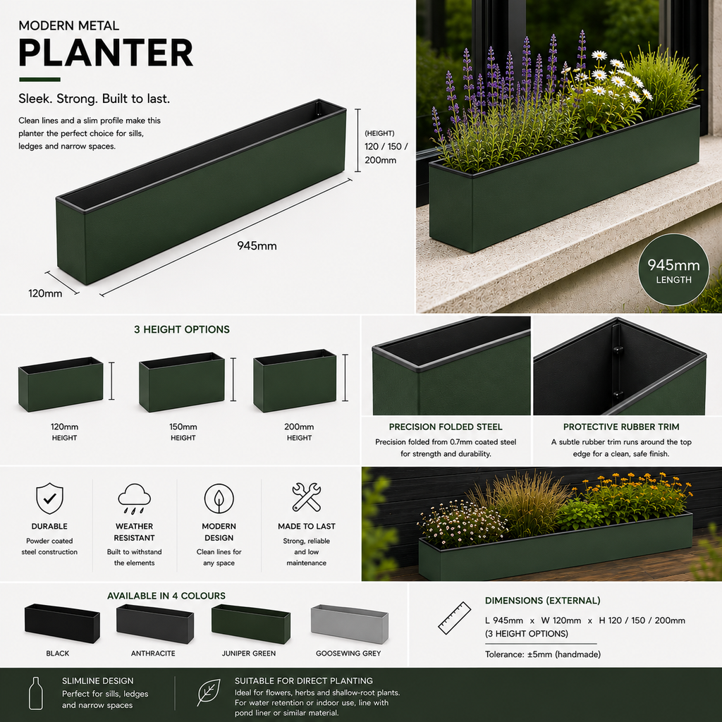 Juniper Green Metal Window Box Planter – 94.5cm Long  Balcony & Windowsill Planter