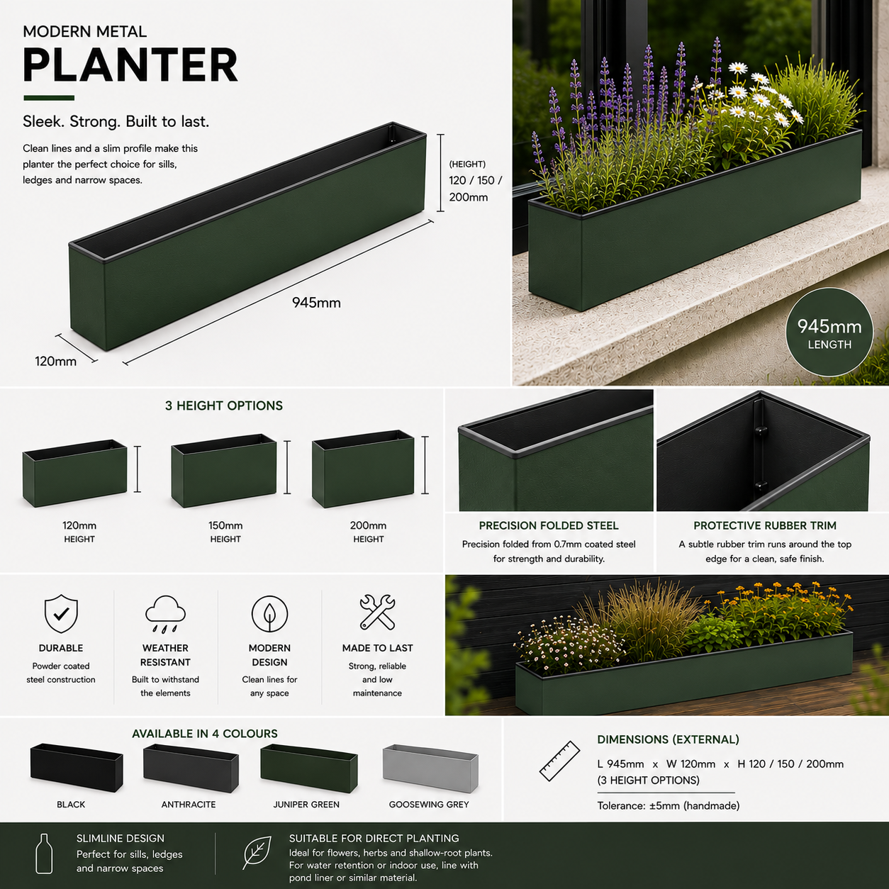 Juniper Green Metal Window Box Planter – 94.5cm Long  Balcony & Windowsill Planter