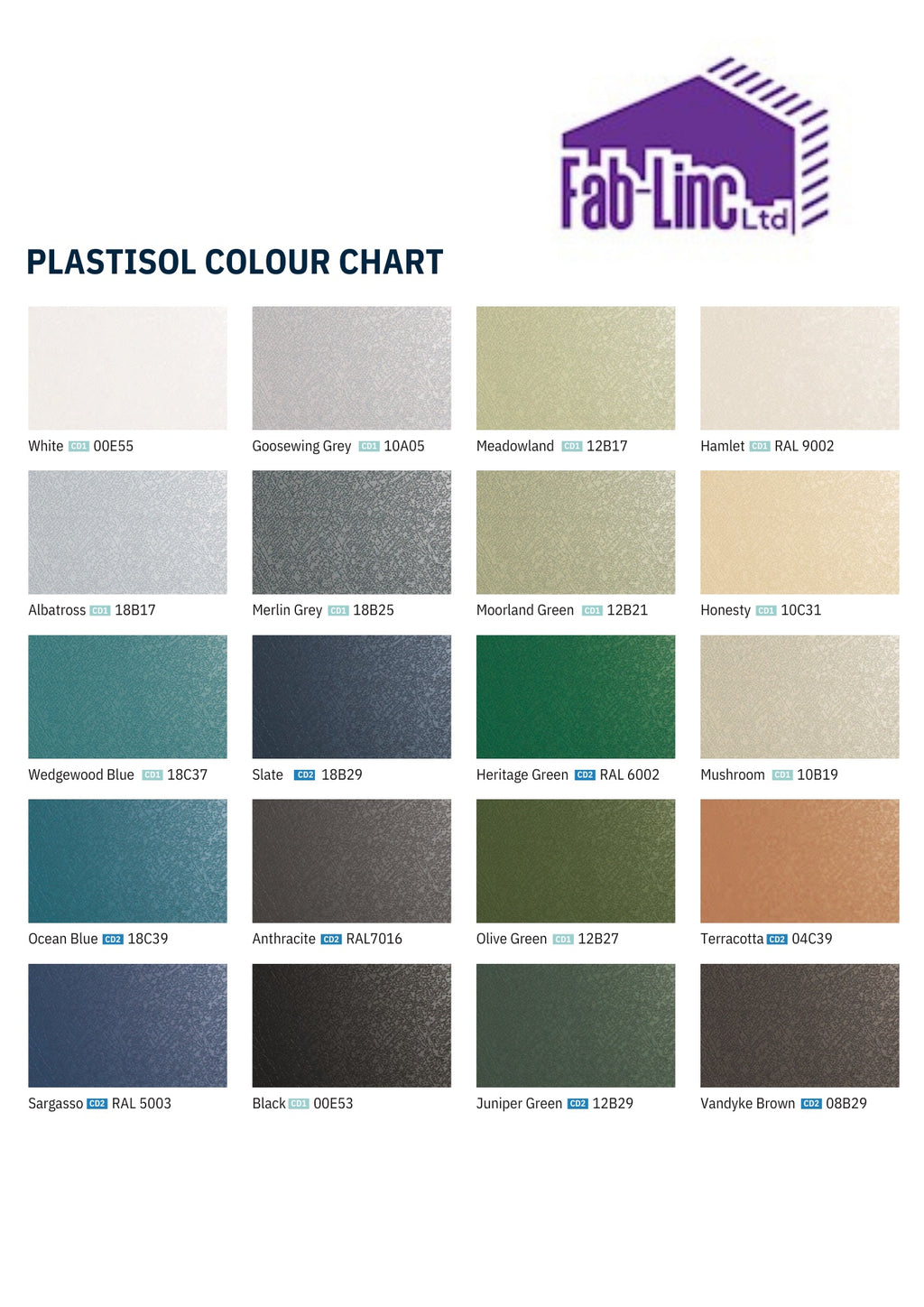 Plastisol color chart with various color swatches and Fab-Linc Ltd logo.