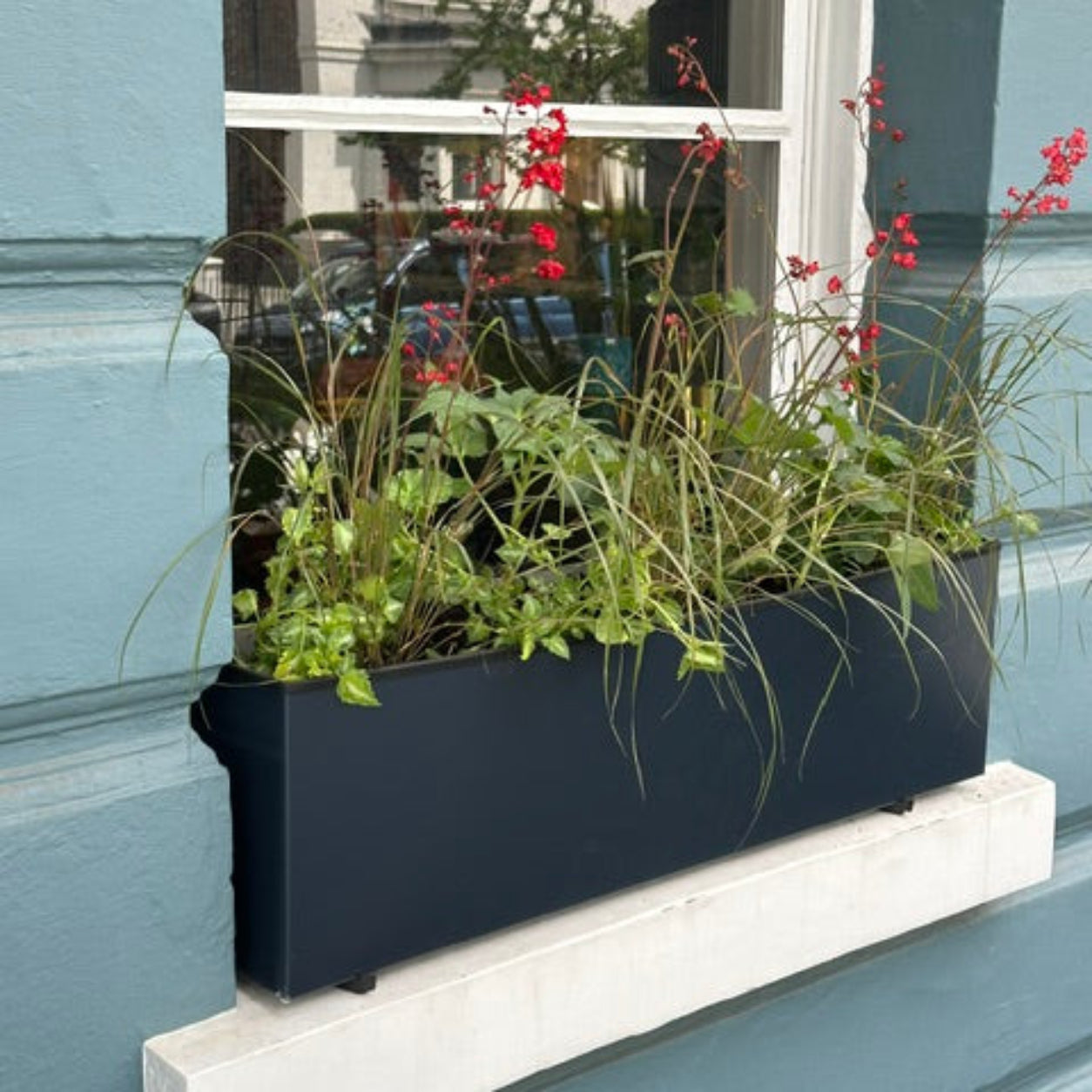 Slate Blue Metal Window Box Planter – 94.5cm Long | Balcony & Windowsill Planter