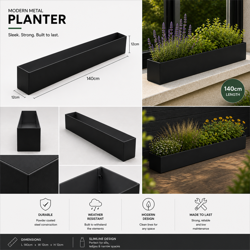 Black modern metal planter with dimensions and features on a white background