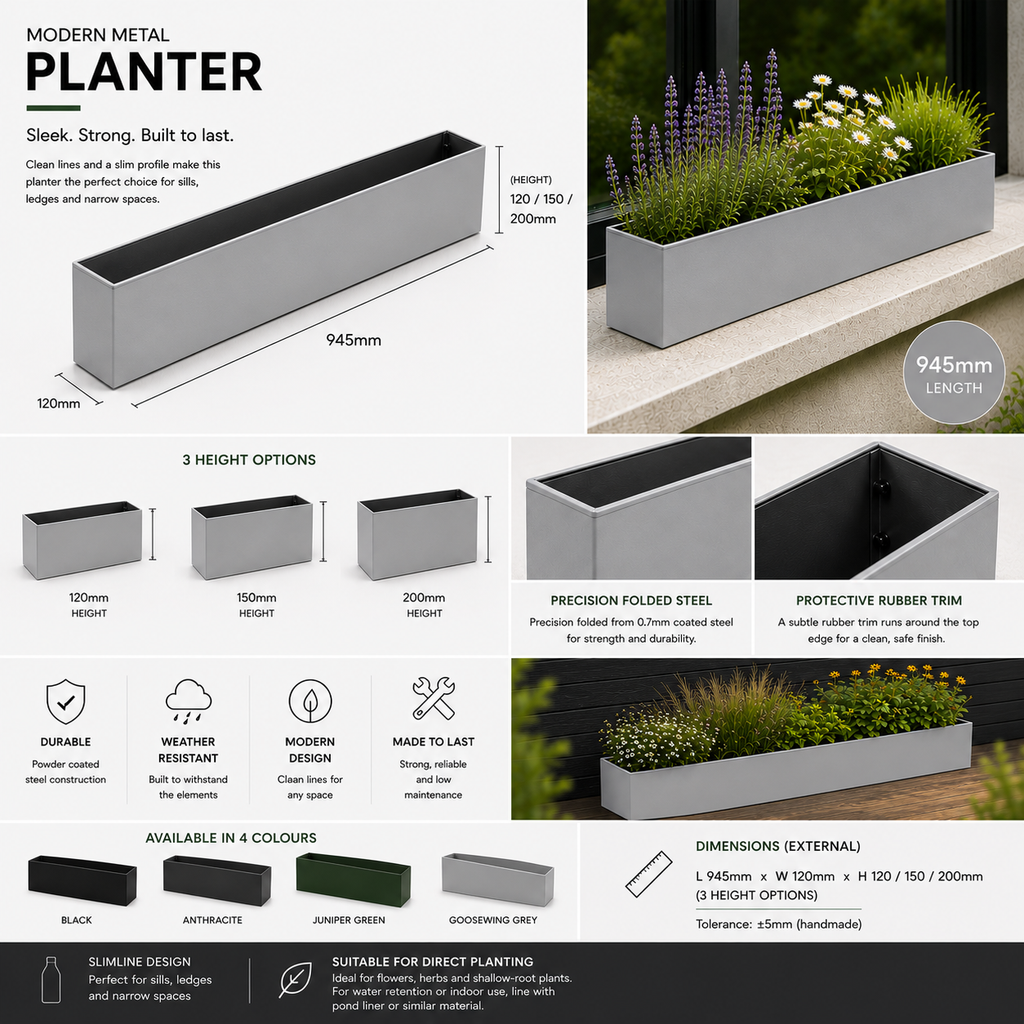 Goosewing Grey Metal Window Box Planter – 94.5cm Long  Balcony & Windowsill Planter