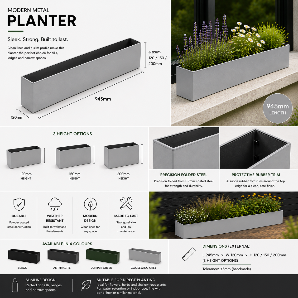 Goosewing Grey Metal Window Box Planter – 94.5cm Long  Balcony & Windowsill Planter