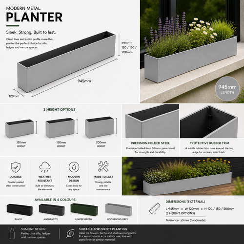 Goosewing Grey Metal Window Box Planter – 94.5cm Long  Balcony & Windowsill Planter