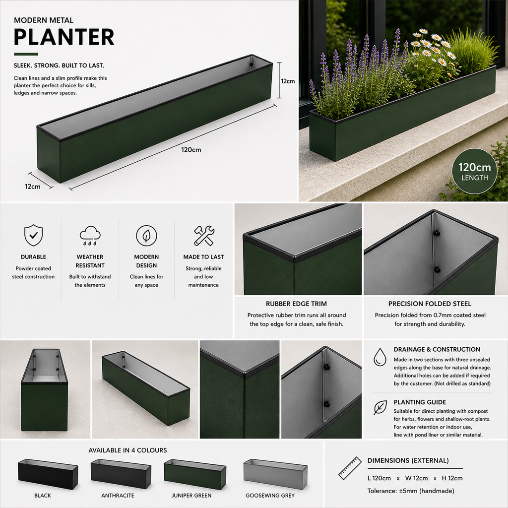 Modern metal planter with specifications and features displayed.