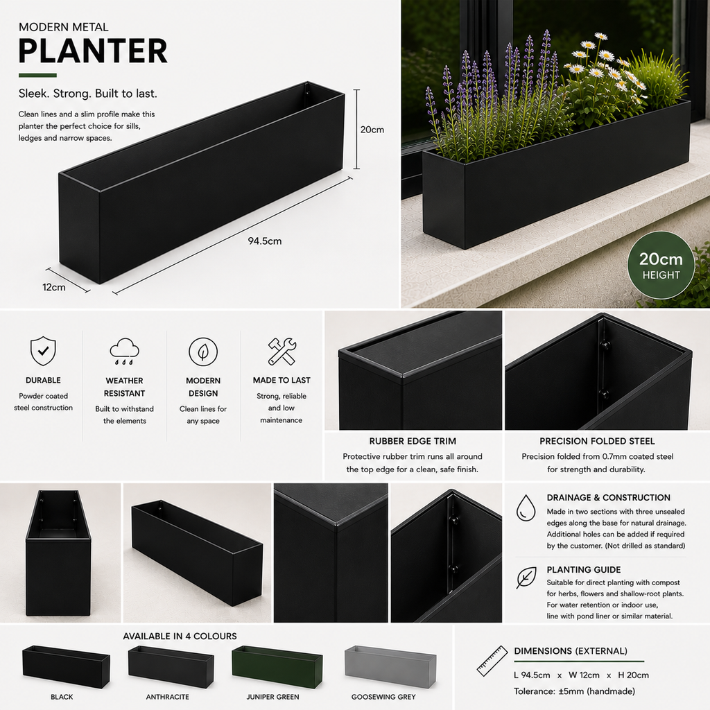 metal planter with dimenisons given