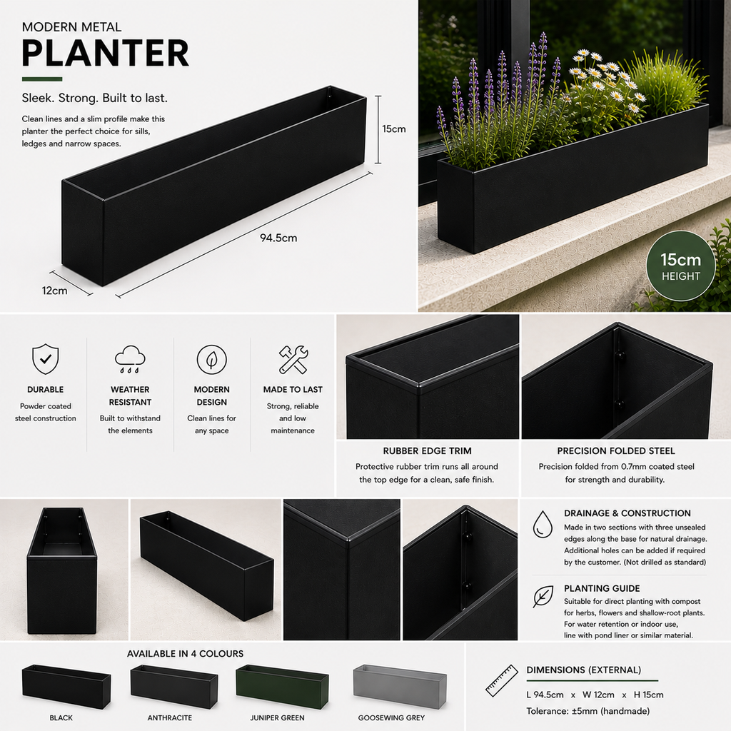 Black metal planter with dimensions, features, and color options displayed.