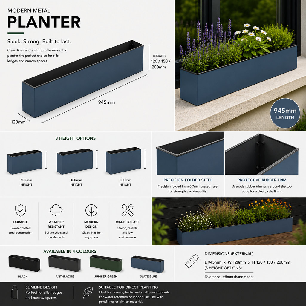Slate Blue Metal Window Box Planter – 94.5cm Long | Balcony & Windowsill Planter