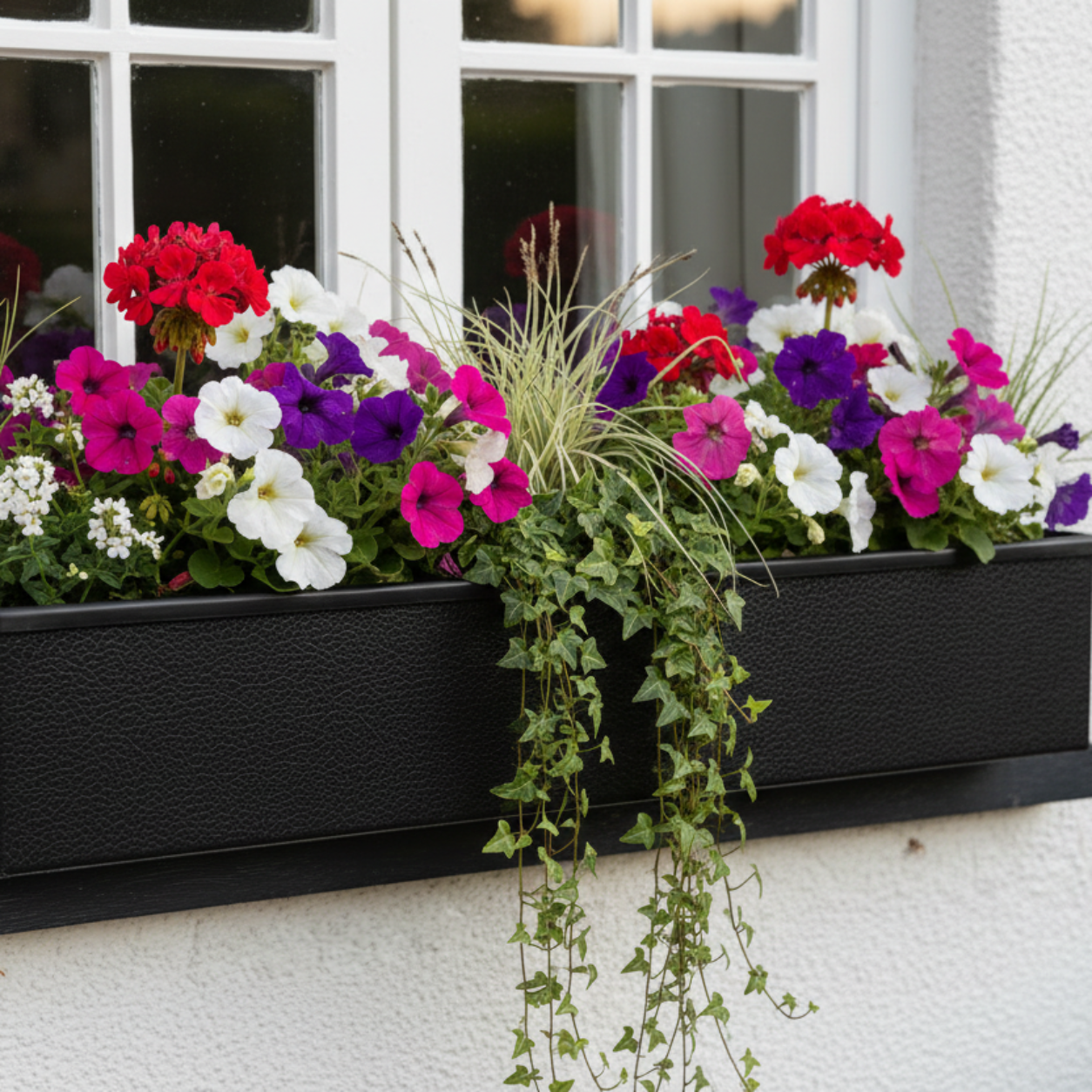 Slimline Black Metal Window Box with Leathergrain Finish on Windowsill